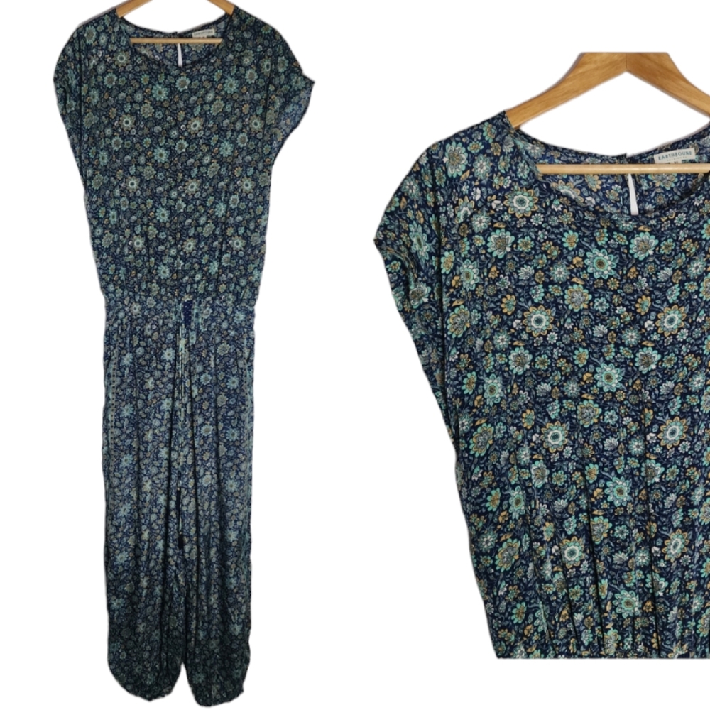 Earthbound turquoise blue floral silky jumpsuit